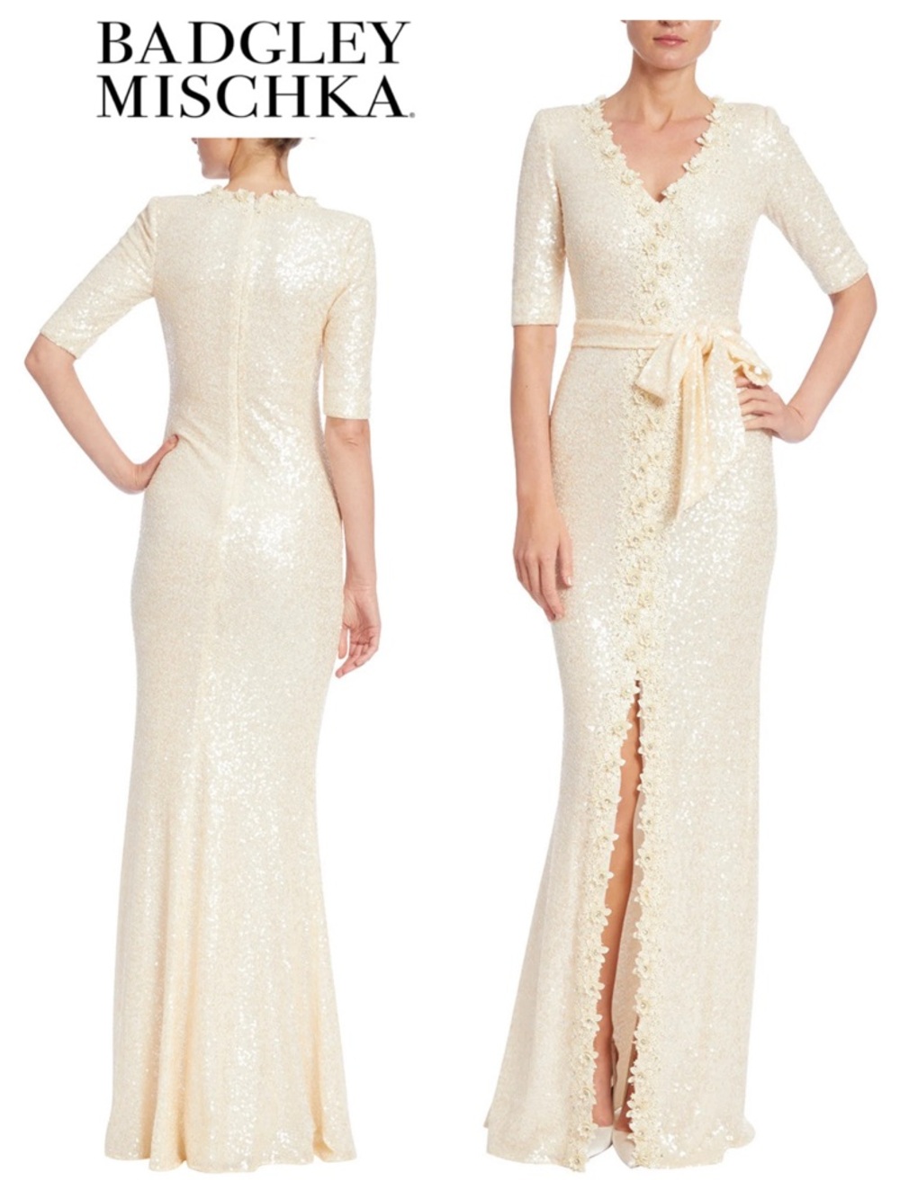 BADGLEY MISCHKA Sequined Evening Gown with Crystal Lace Trim